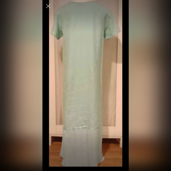 Christine Damen - Vintage light blue linen long maxi dress -  crew neck,  short - Picture 4 of 5